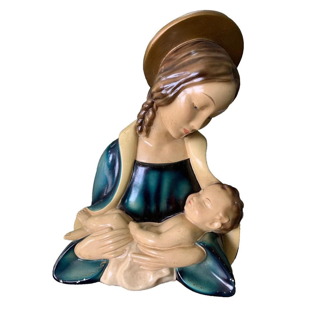 Vintage Roman Art Co Robia Ware Madonna and Child Figurine Teal Blue St Louis MO